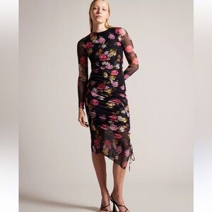 Ted Baker SORELLL Bodycon Long Sleeve Midi Dress Black Floral
